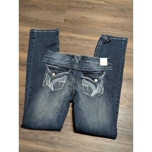 Amethyst Low Rise Bootcut Jeans Juniors 3/4 Dark Wash Embroidered Flap Pocket